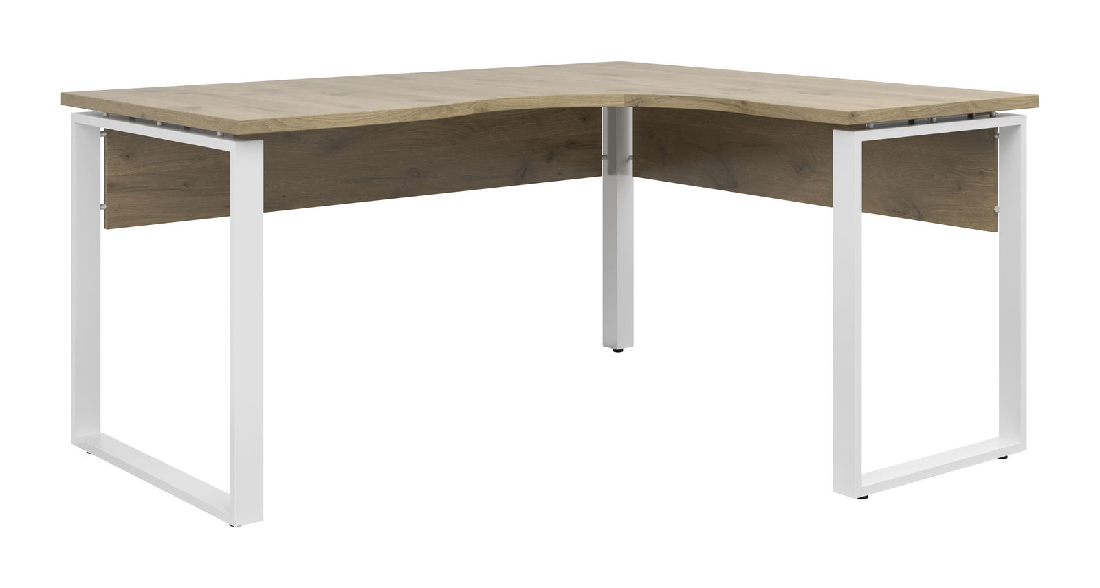 Moderner Eckschreibtisch mit Holzoberfläche und weißen Metallbeinen, seitliche Perspektive