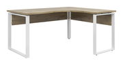 Moderner Eckschreibtisch mit Holzoberfläche und weißen Metallbeinen, seitliche Perspektive