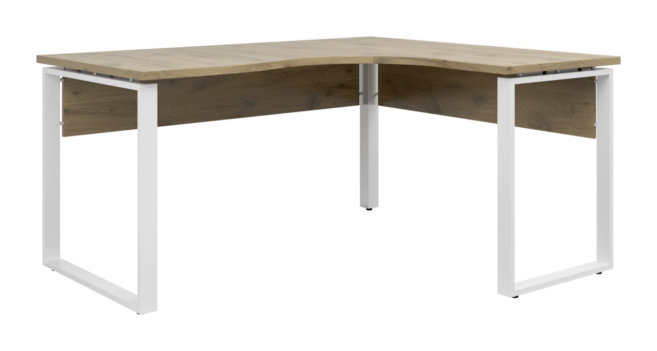 Moderner Eckschreibtisch mit Holzoberfläche und weißen Metallbeinen, seitliche Perspektive