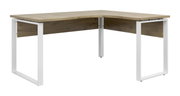 Modern hoekbureau met houten blad en witte metalen poten, zijaanzicht