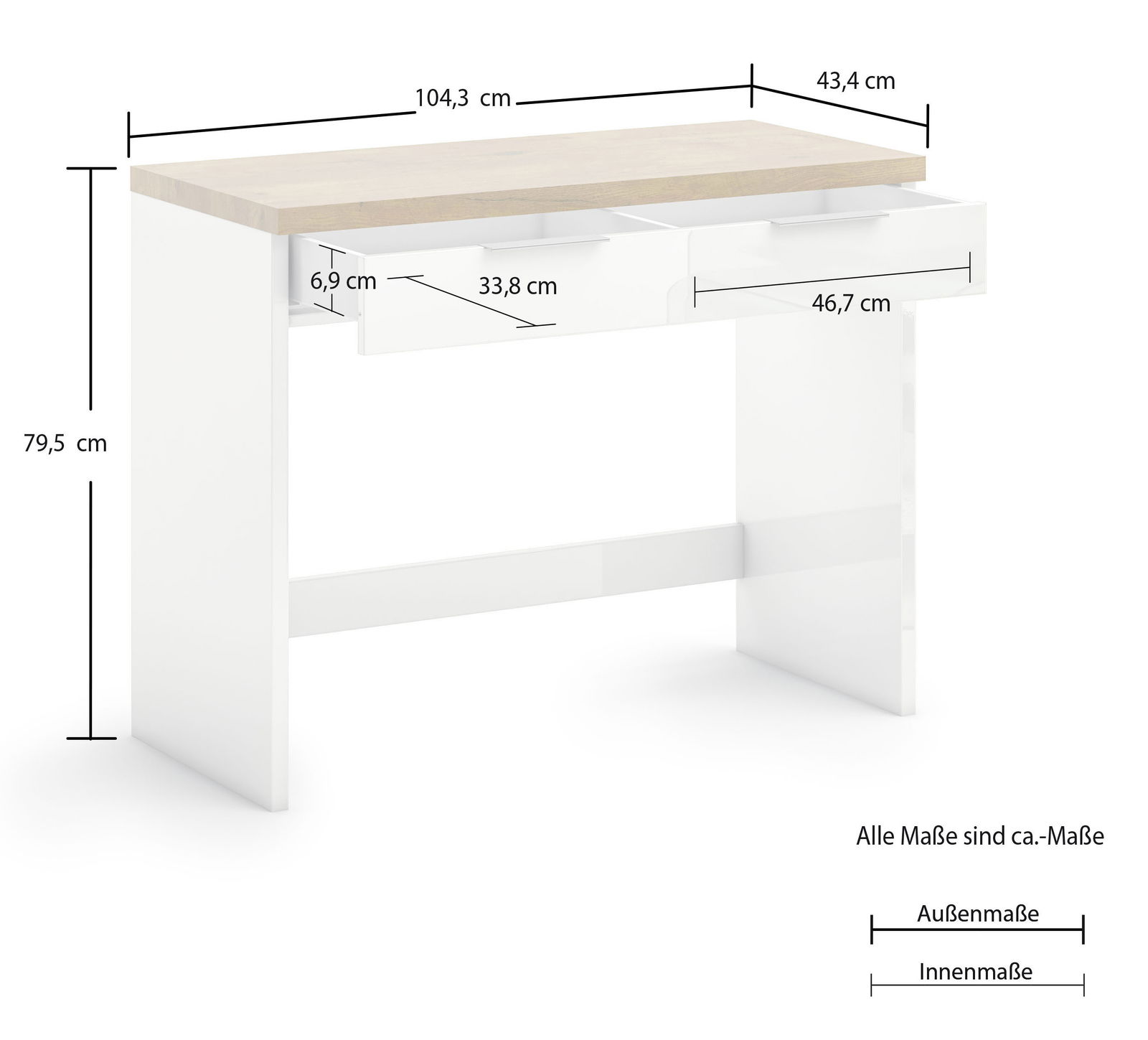 Moderner Konsolentisch mit zwei Schubladen, weiß mit Holzoberfläche, seitliche Perspektive