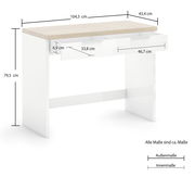 Moderner Konsolentisch mit zwei Schubladen, weiß mit Holzoberfläche, seitliche Perspektive