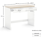 Moderner Konsolentisch mit zwei Schubladen, weiß mit Holzoberfläche, seitliche Perspektive