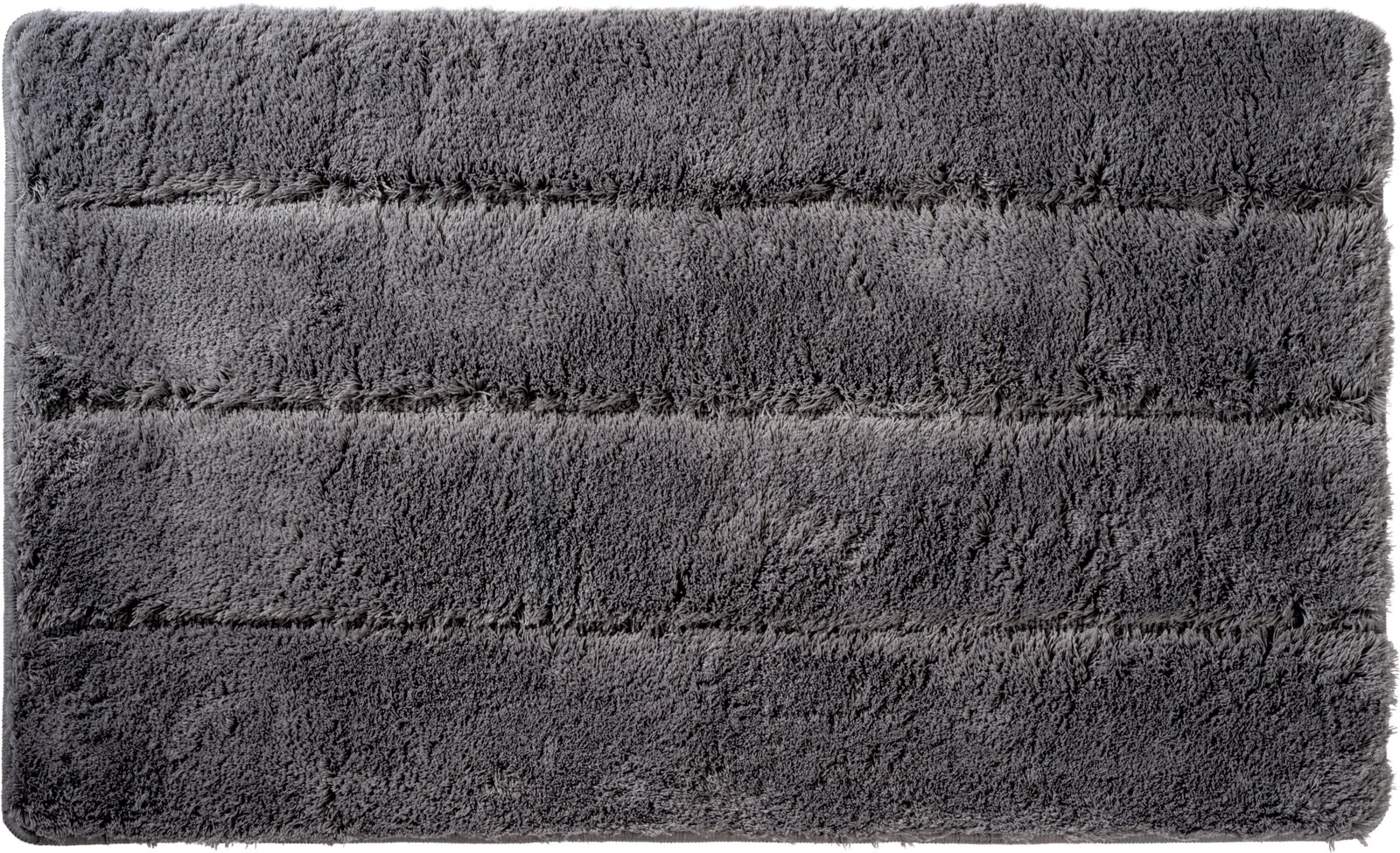 Dunkelgraue, flauschige Badematte mit gestreiftem Hochflor-Design, Draufsicht von oben