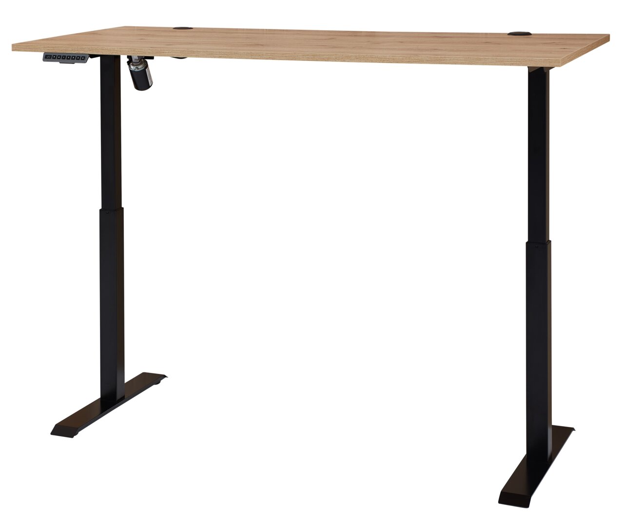 Moderner höhenverstellbarer E-Schreibtisch mit Holzfurnier-Oberfläche und schwarzem Metallgestell, seitliche Perspektive.