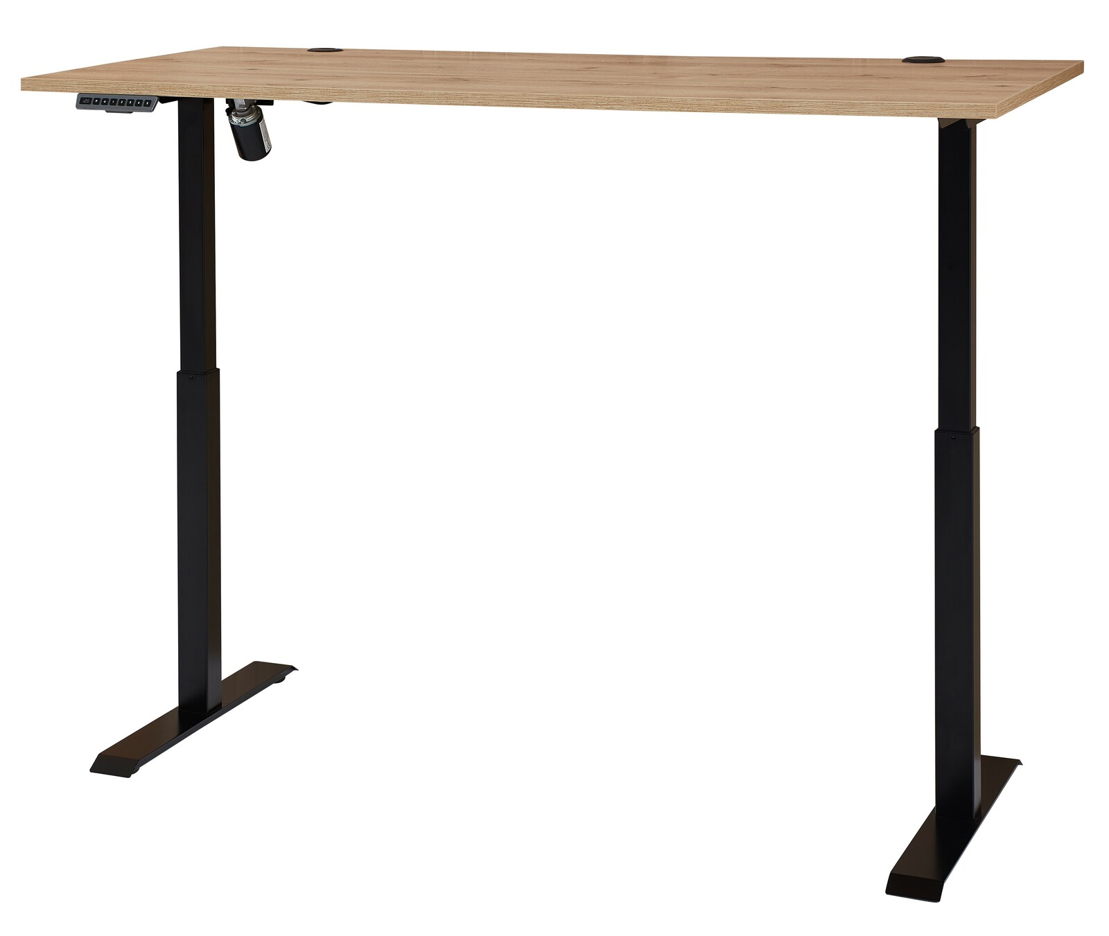 Moderner höhenverstellbarer E-Schreibtisch mit Holzfurnier-Oberfläche und schwarzem Metallgestell, seitliche Perspektive.