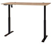 Moderner höhenverstellbarer E-Schreibtisch mit Holzfurnier-Oberfläche und schwarzem Metallgestell, seitliche Perspektive.