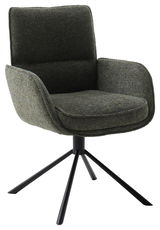 Moderner Armlehnstuhl mit dunkelgrünem Stoffbezug und schwarzem Metallgestell, seitliche Perspektive