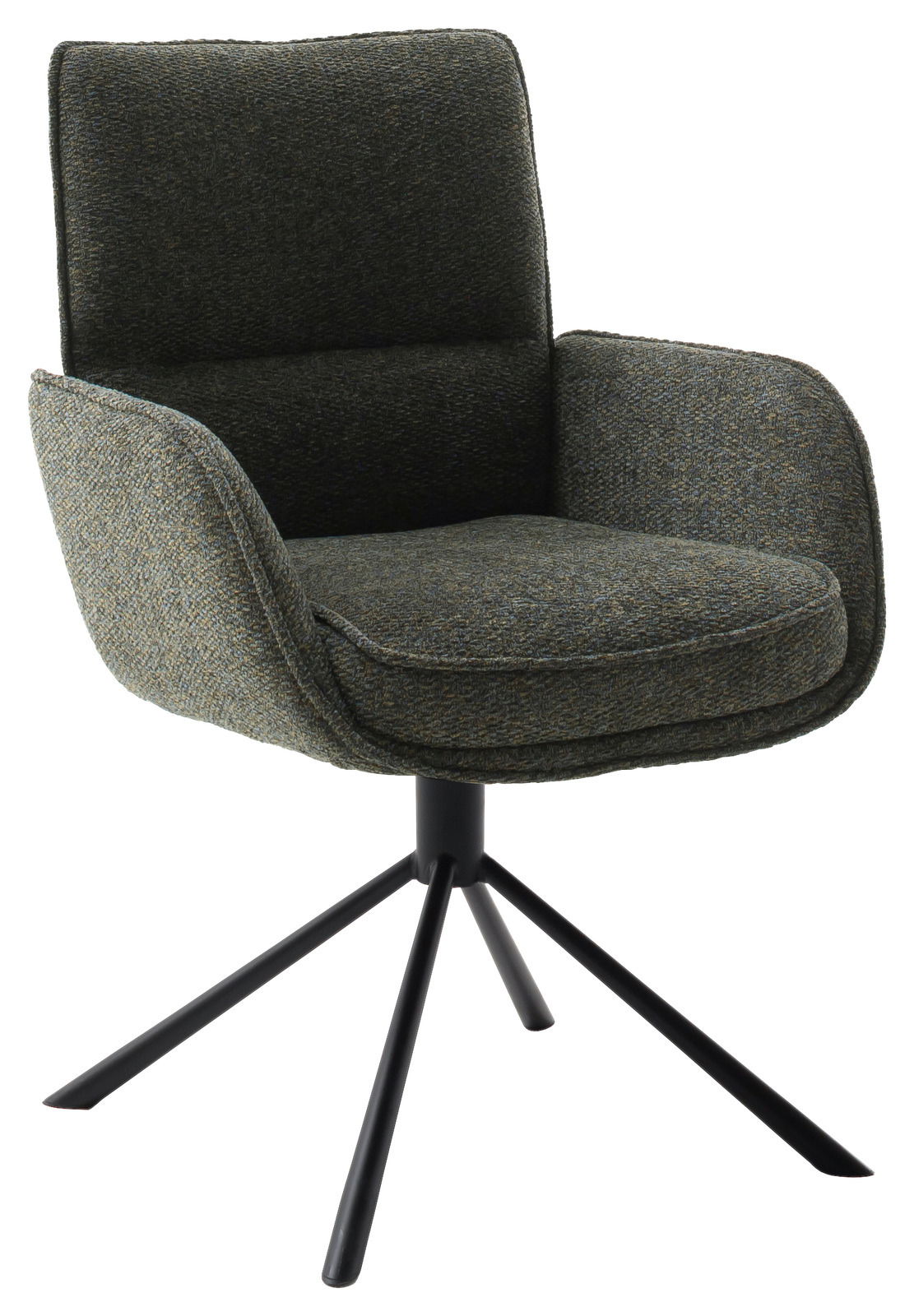 Novel Armlehnstuhl ISABEL Moderner Armlehnstuhl mit dunkelgrünem Stoffbezug und schwarzem Metallgestell, seitliche Perspektive