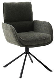 Moderner Armlehnstuhl mit dunkelgrünem Stoffbezug und schwarzem Metallgestell, seitliche Perspektive