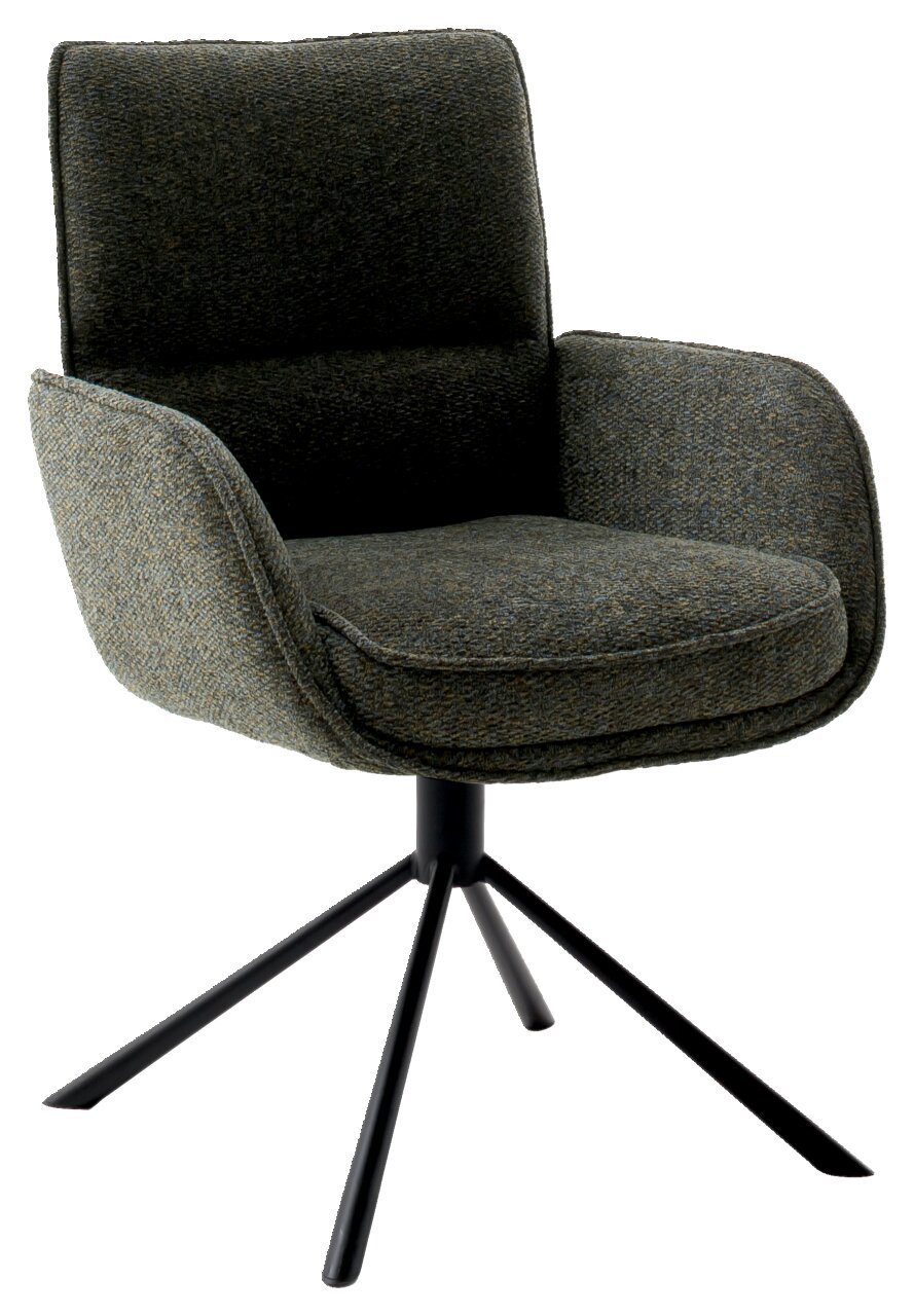 Moderner Armlehnstuhl mit dunkelgrünem Stoffbezug und schwarzem Metallgestell, seitliche Perspektive