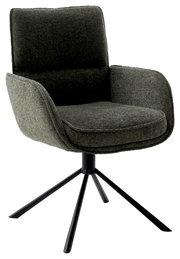 Moderner Armlehnstuhl mit dunkelgrünem Stoffbezug und schwarzem Metallgestell, seitliche Perspektive