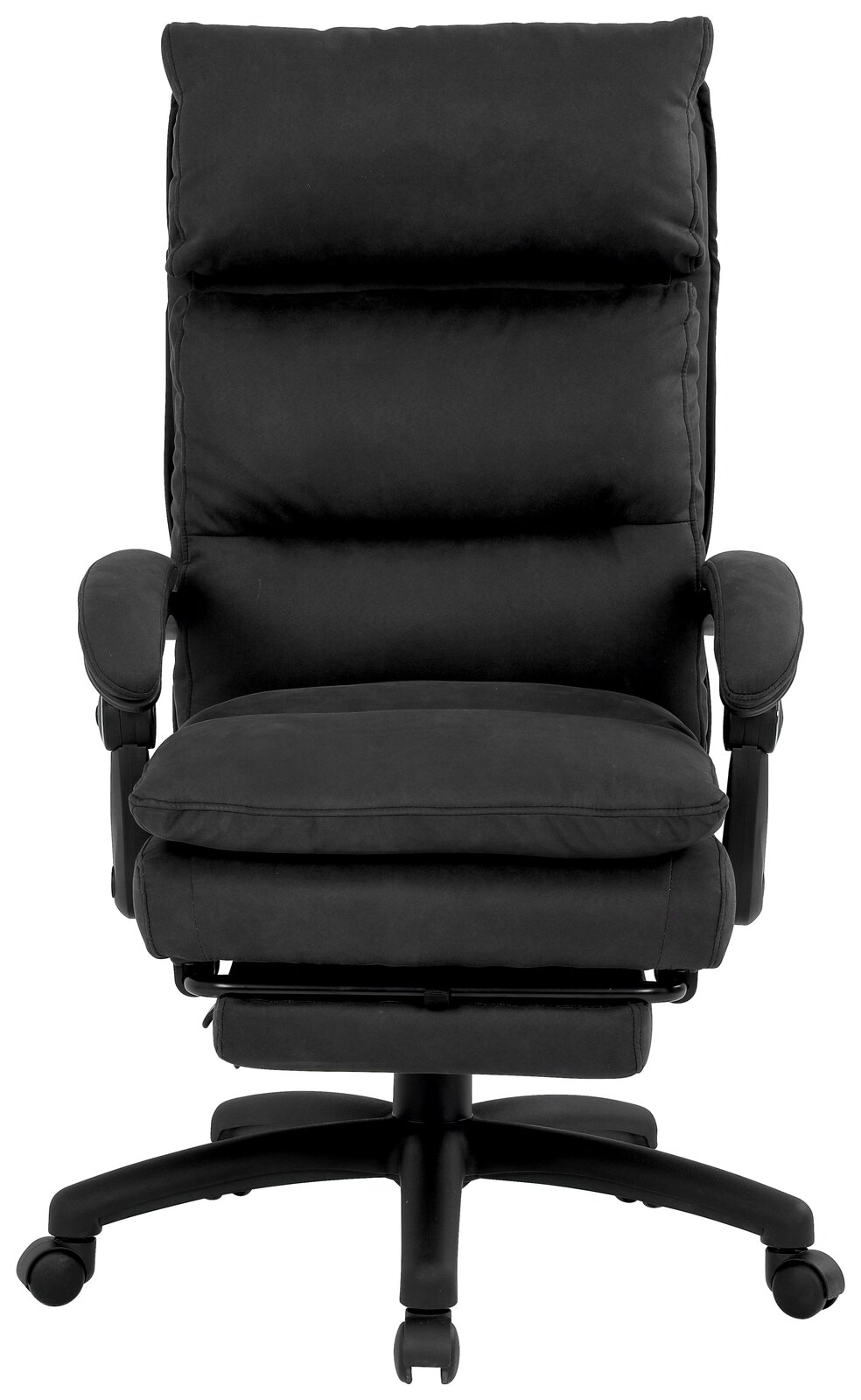 Schwarzer Chefsessel aus der Frontperspektive mit gepolsterten Armlehnen und Rollen.