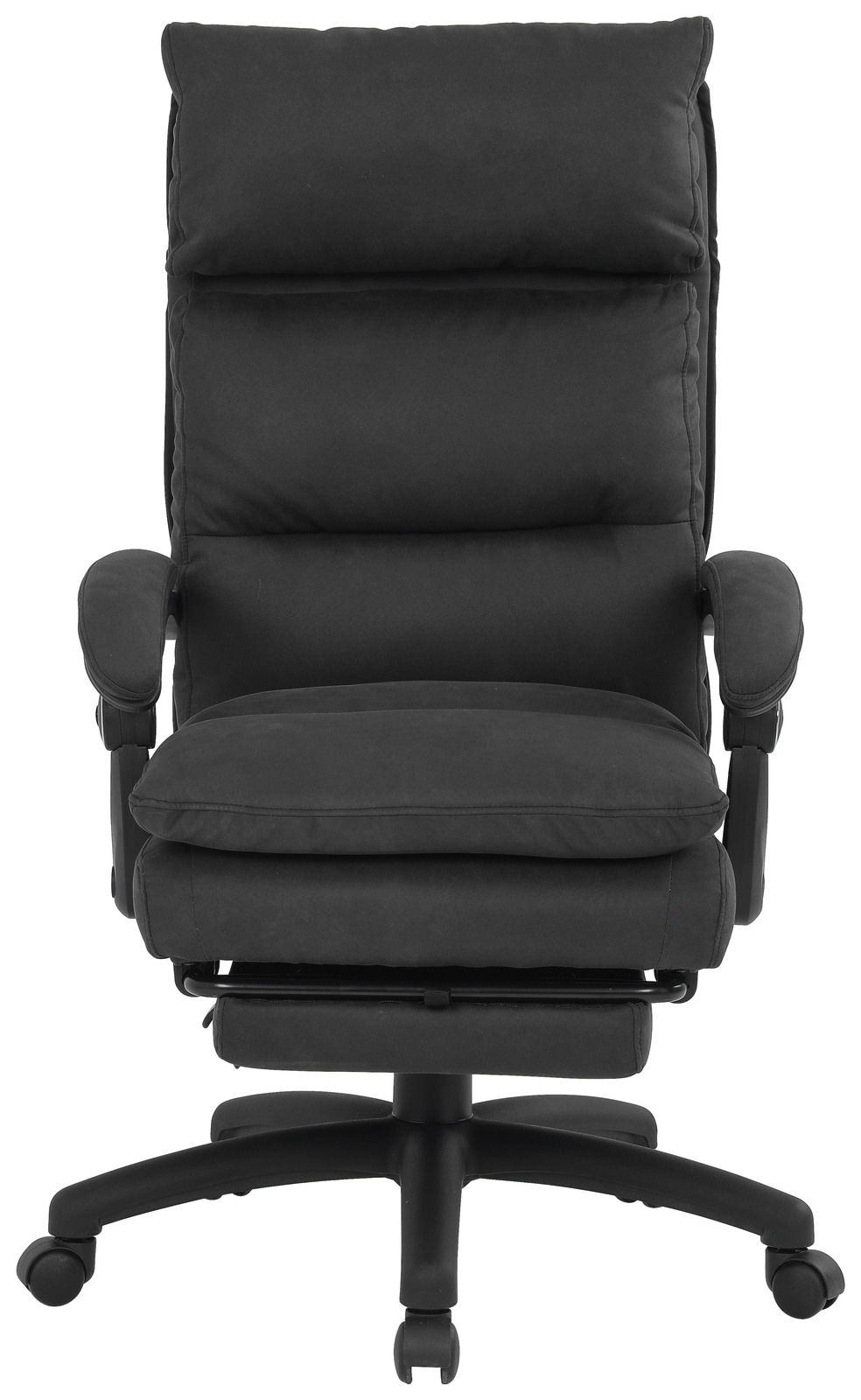 Schwarzer Chefsessel aus der Frontperspektive mit gepolsterten Armlehnen und Rollen.