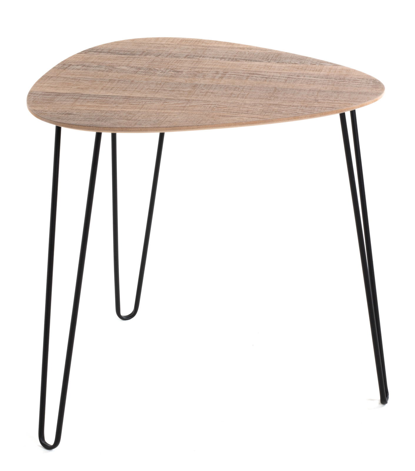 Moderner Beistelltisch mit dreieckiger Holzplatte und schwarzen Metallbeinen, seitliche Perspektive