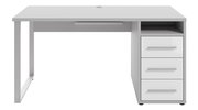 Moderner weißer Schreibtisch mit drei Schubladen auf der rechten Seite, frontal abgebildet.