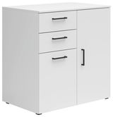 Weiße Kommode mit drei Schubladen und einer Tür, schwarze Griffe, seitliche Perspektive