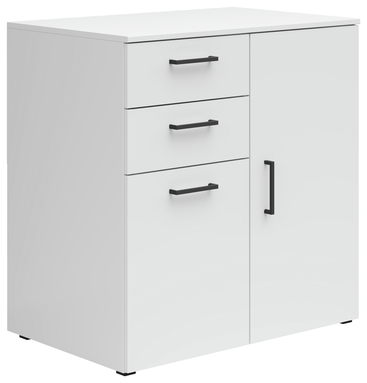 Carryhome Kommode MULTISTAURAUM Weiße Kommode mit drei Schubladen und einer Tür, schwarze Griffe, seitliche Perspektive