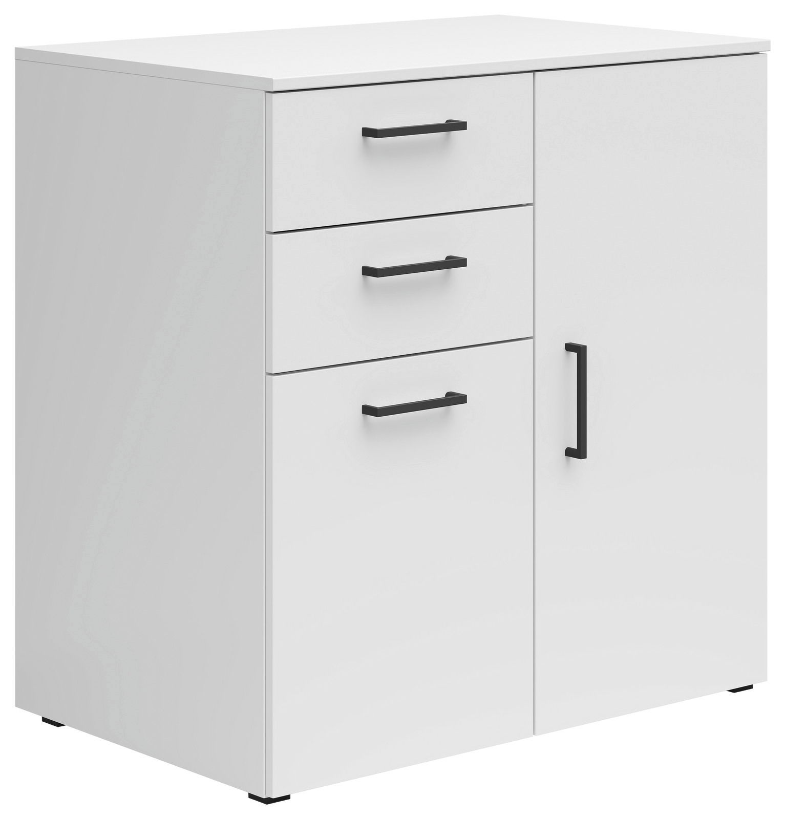 Carryhome Kommode MULTISTAURAUM Weiße Kommode mit drei Schubladen und einer Tür, schwarze Griffe, seitliche Perspektive