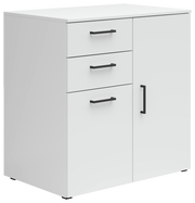 Weiße Kommode mit drei Schubladen und einer Tür, schwarze Griffe, seitliche Perspektive