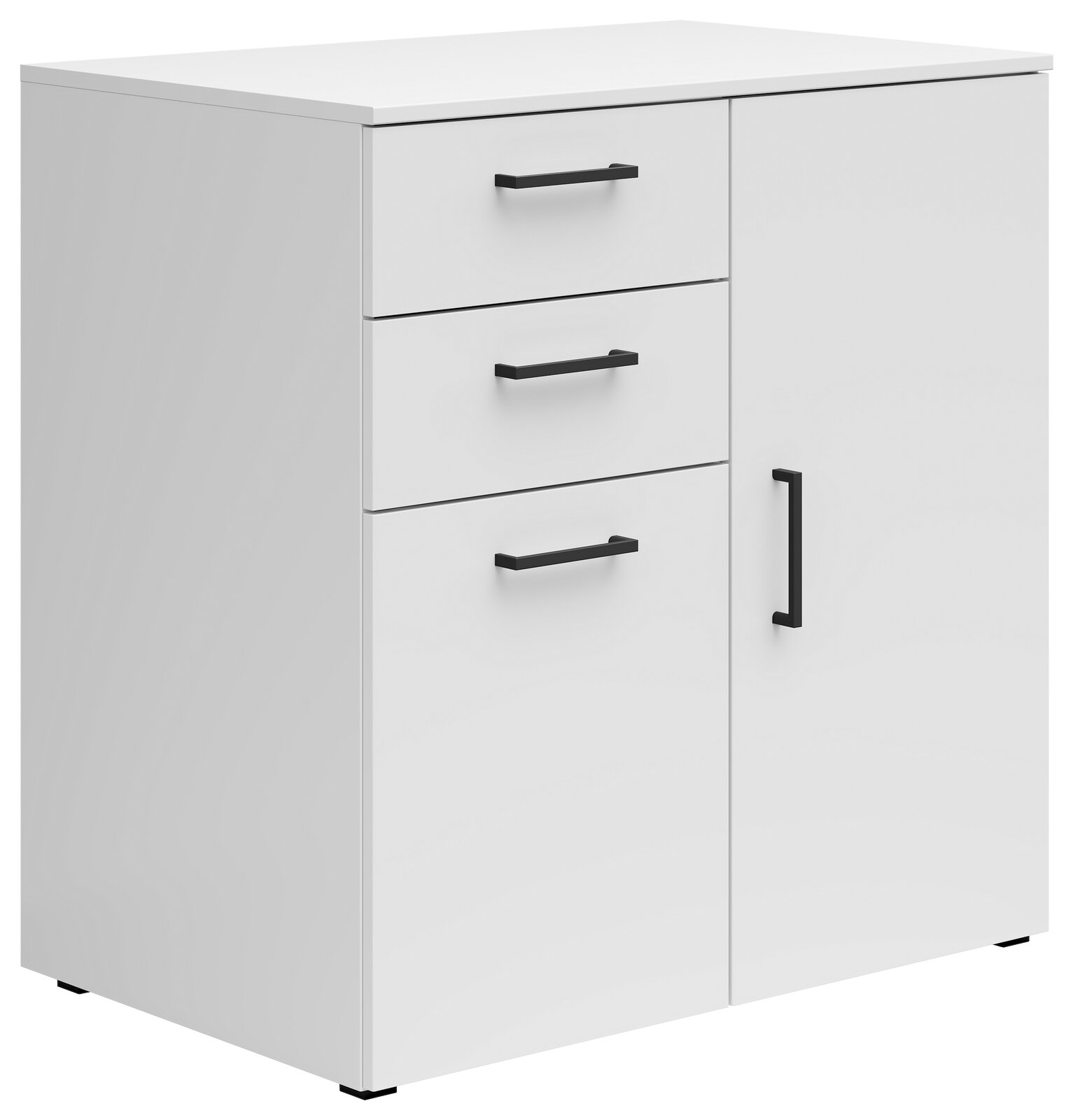 Weiße Kommode mit drei Schubladen und einer Tür, schwarze Griffe, seitliche Perspektive