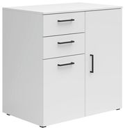 Weiße Kommode mit drei Schubladen und einer Tür, schwarze Griffe, seitliche Perspektive