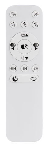 Fernbedienung für Deckenventilator, Vorderansicht mit verschiedenen Tasten für Licht- und Lüftersteuerung.