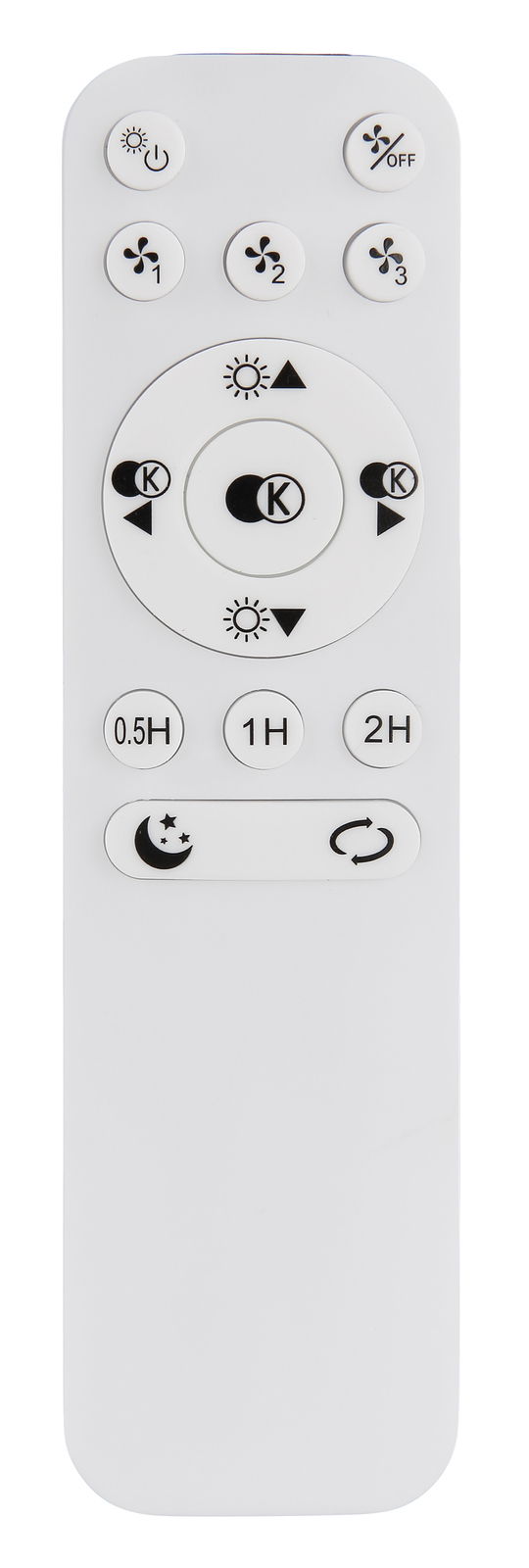 Fernbedienung für Deckenventilator, Vorderansicht mit verschiedenen Tasten für Licht- und Lüftersteuerung.