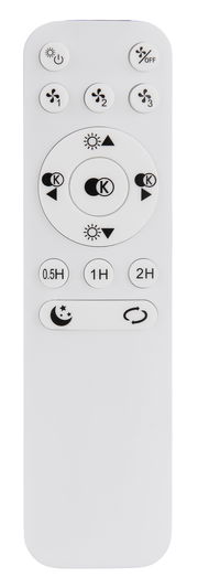 Fernbedienung für Deckenventilator, Vorderansicht mit verschiedenen Tasten für Licht- und Lüftersteuerung.