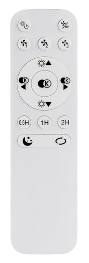 Fernbedienung für Deckenventilator, Vorderansicht mit verschiedenen Tasten für Licht- und Lüftersteuerung.