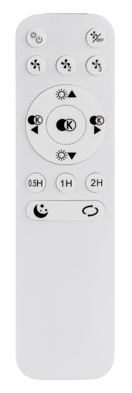 Fernbedienung für Deckenventilator, Vorderansicht mit verschiedenen Tasten für Licht- und Lüftersteuerung.