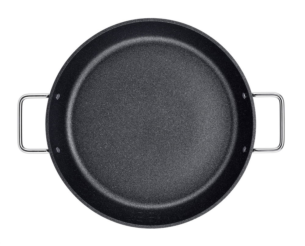 Schwarze Servierpfanne mit zwei Griffen, Draufsicht