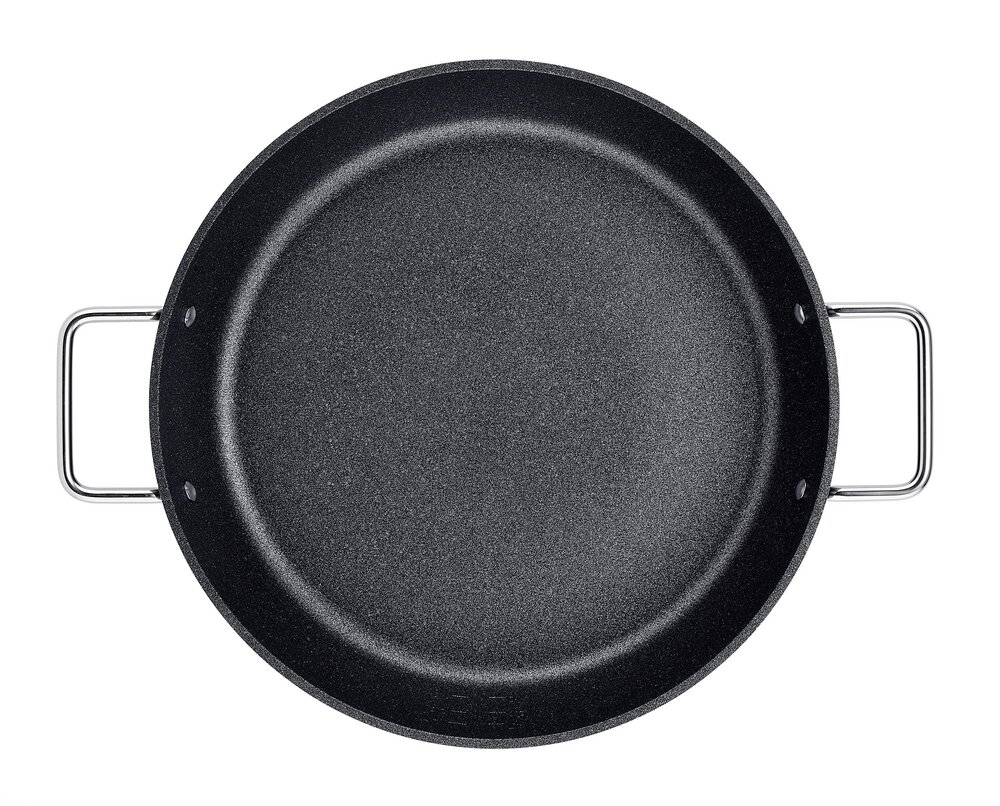 Schwarze Servierpfanne mit zwei Griffen, Draufsicht