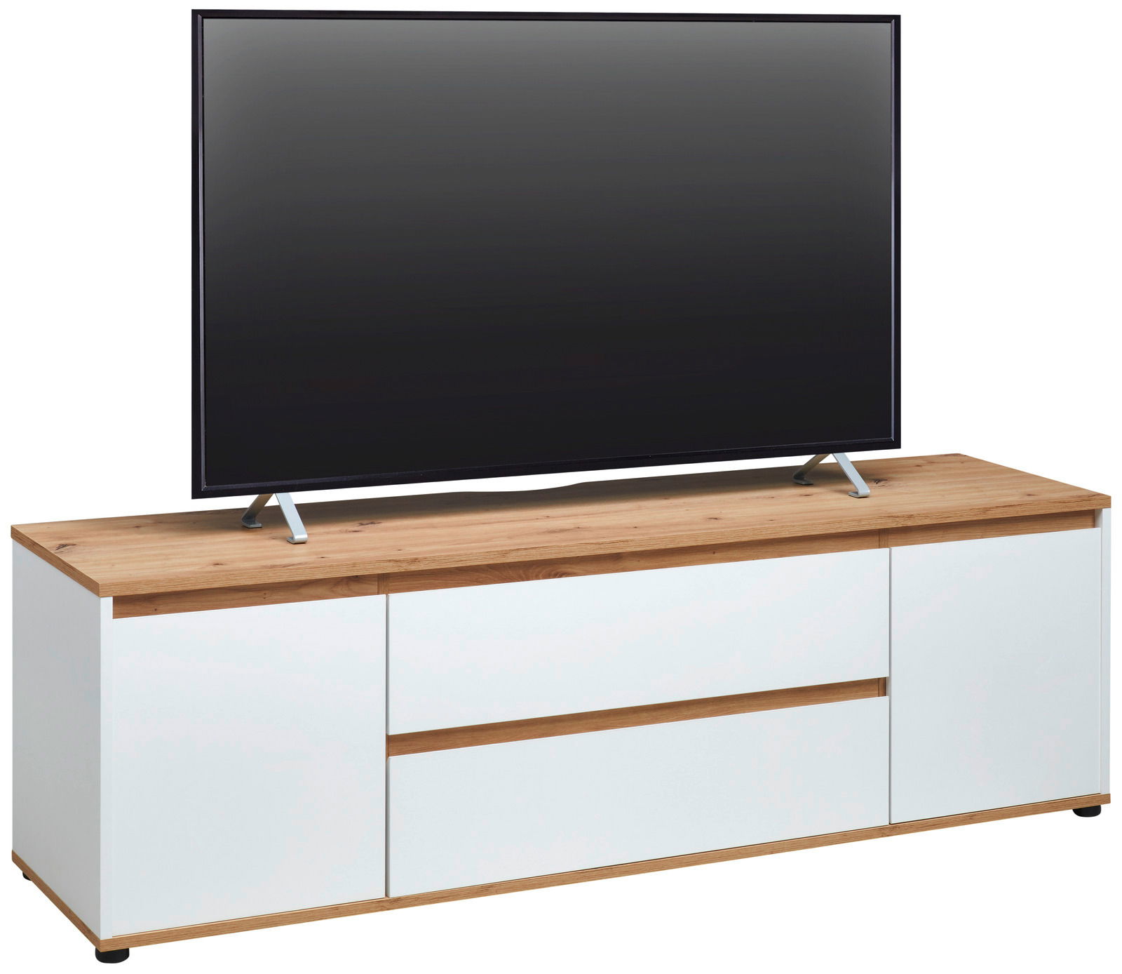 TV-Lowboard in Weiß mit Holzoberfläche, frontal betrachtet, mit einem großen Fernseher darauf.