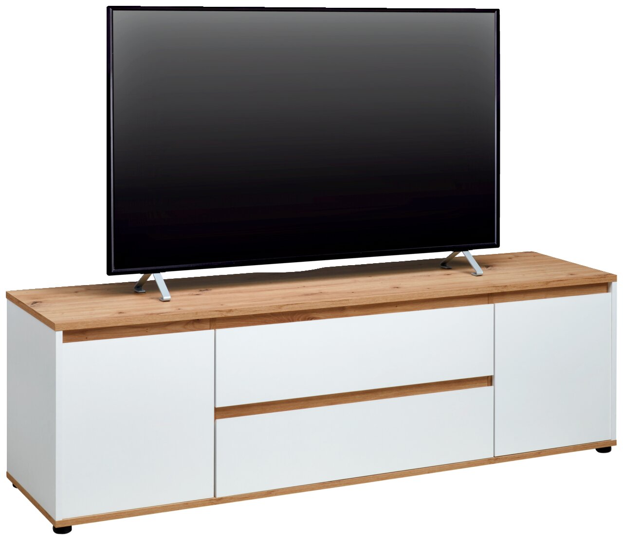 TV-Lowboard in Weiß mit Holzoberfläche, frontal betrachtet, mit einem großen Fernseher darauf.