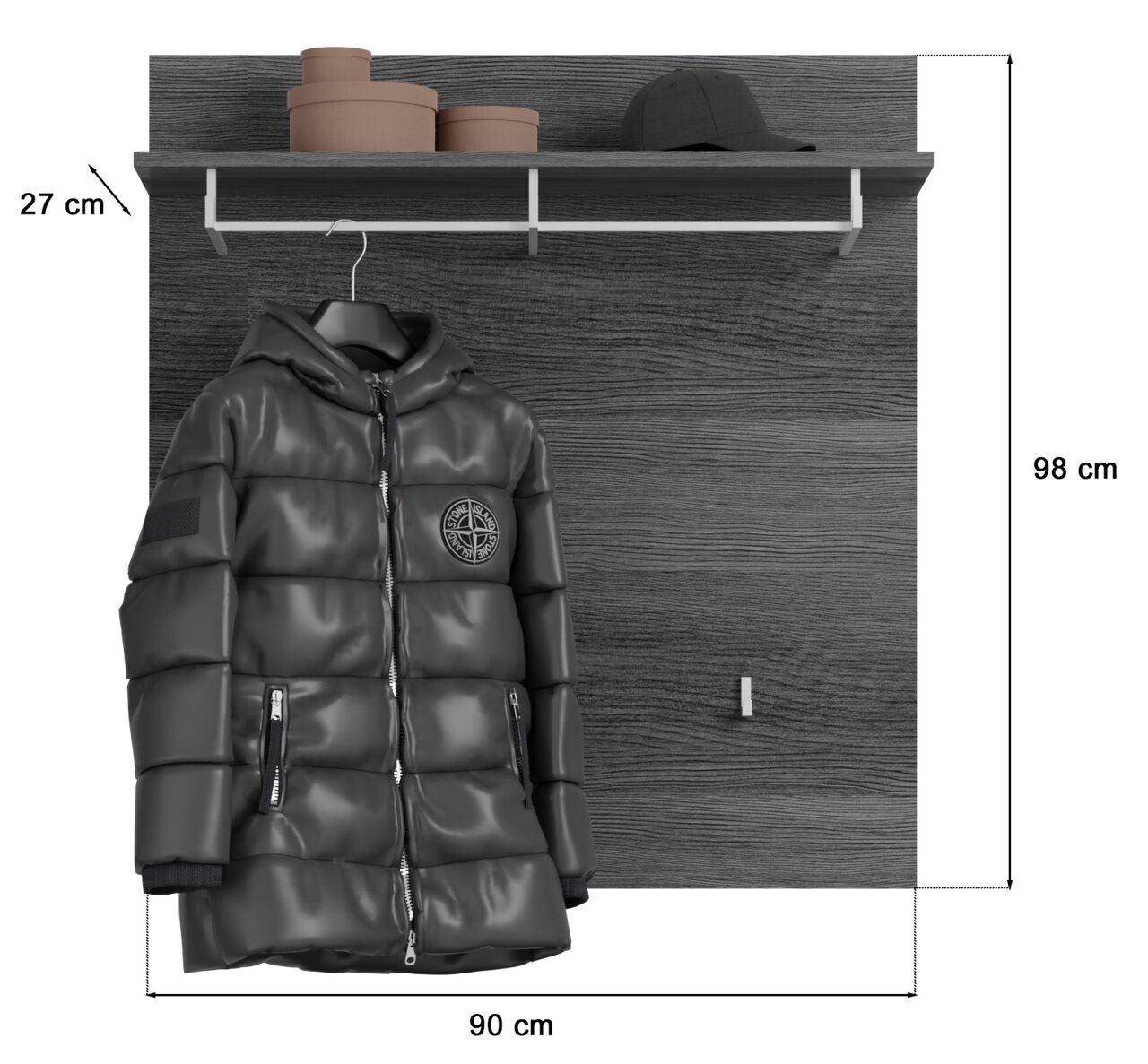 Garderobenpaneel aus dunklem Holz mit einer Ablagefläche oben, auf der Hüte und Boxen stehen. Darunter hängt eine schwarze Jacke an einem Haken. Perspektive: Frontalansicht.