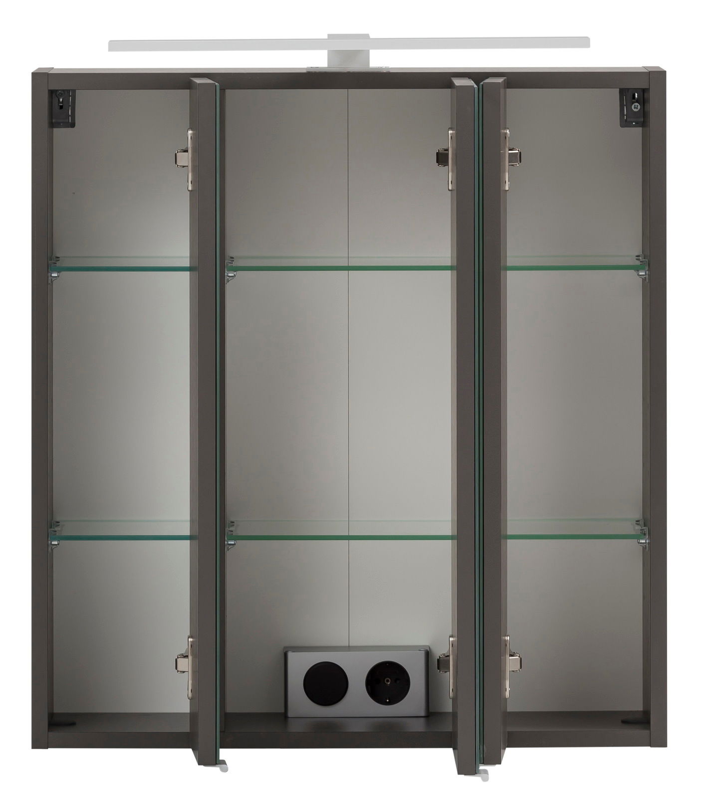 Spiegelschrank mit drei Türen, Glasregalen und integrierter Steckdose, Frontalansicht