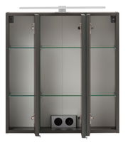 Spiegelschrank mit drei Türen, Glasregalen und integrierter Steckdose, Frontalansicht