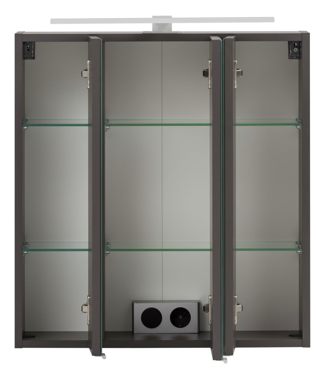 Spiegelschrank mit drei Türen, Glasregalen und integrierter Steckdose, Frontalansicht