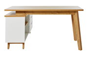 Moderner Eck-Schreibtisch aus Holz und Weiß mit Schubladen, seitliche Perspektive