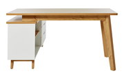 Moderner Eck-Schreibtisch aus Holz und Weiß mit Schubladen, seitliche Perspektive