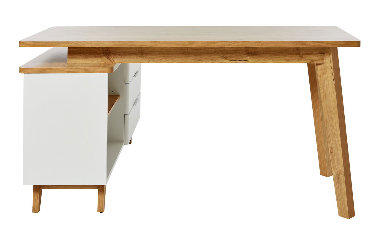Moderner Eck-Schreibtisch aus Holz und Weiß mit Schubladen, seitliche Perspektive