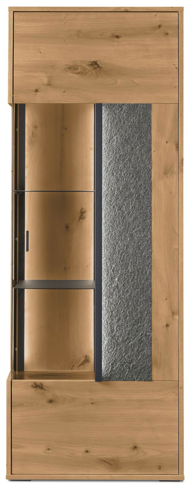 Hochwertiges Highboard aus Holz mit Glaselementen und Steinoptik, Frontalansicht