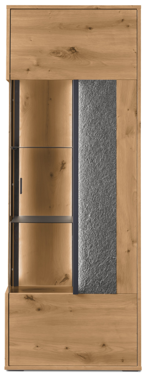 Hochwertiges Highboard aus Holz mit Glaselementen und Steinoptik, Frontalansicht