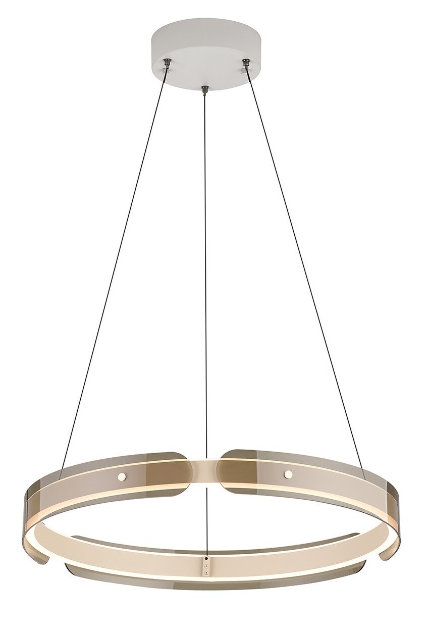 Moderne runde LED-Pendelleuchte als Ring mit transparent getöntem Schirm und weißer Deckenrosette, an drei schwarzen Abhängungen, frontale Produktansicht