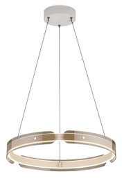 Moderne runde LED-Pendelleuchte als Ring mit transparent getöntem Schirm und weißer Deckenrosette, an drei schwarzen Abhängungen, frontale Produktansicht