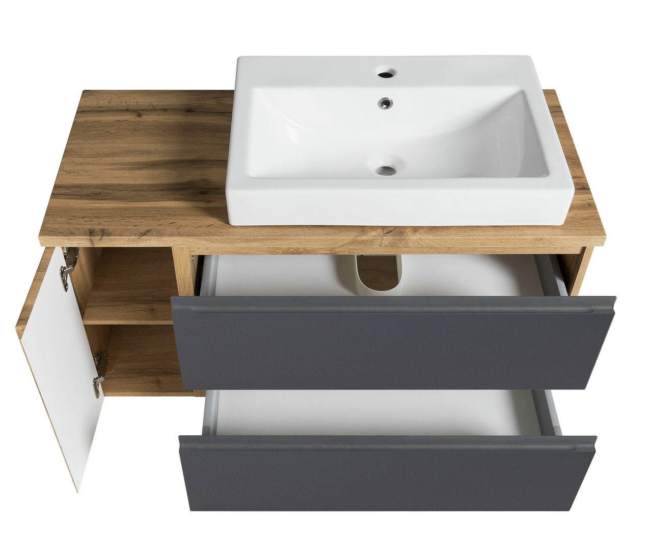 Waschtisch-Set 105 cm mit weißem Waschbecken, Holzoberfläche und grauen Schubladen, Ansicht von oben