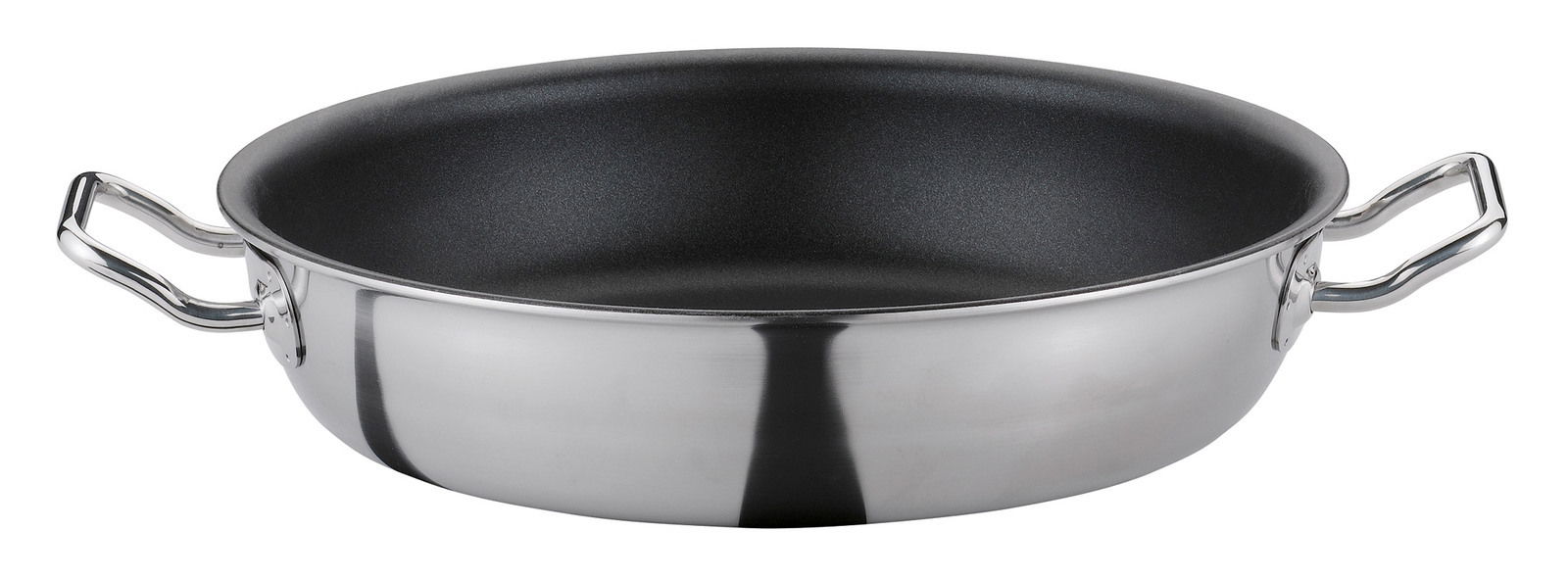 Servierpfanne XL CLASSIC 28 cm aus Edelstahl mit zwei Griffen, seitliche Perspektive