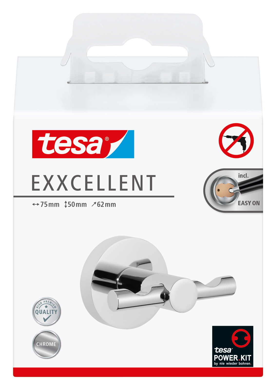 Verpackung des tesa Exxcellent Bademantelhakens in Chromoptik, Vorderansicht