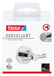 Verpackung des tesa Exxcellent Bademantelhakens in Chromoptik, Vorderansicht